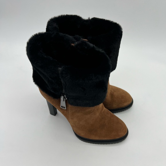 DKNY Sonya Suede Ankle Booties Faux Fur Cuff Brown/Black 8 - Picture 1 of 17